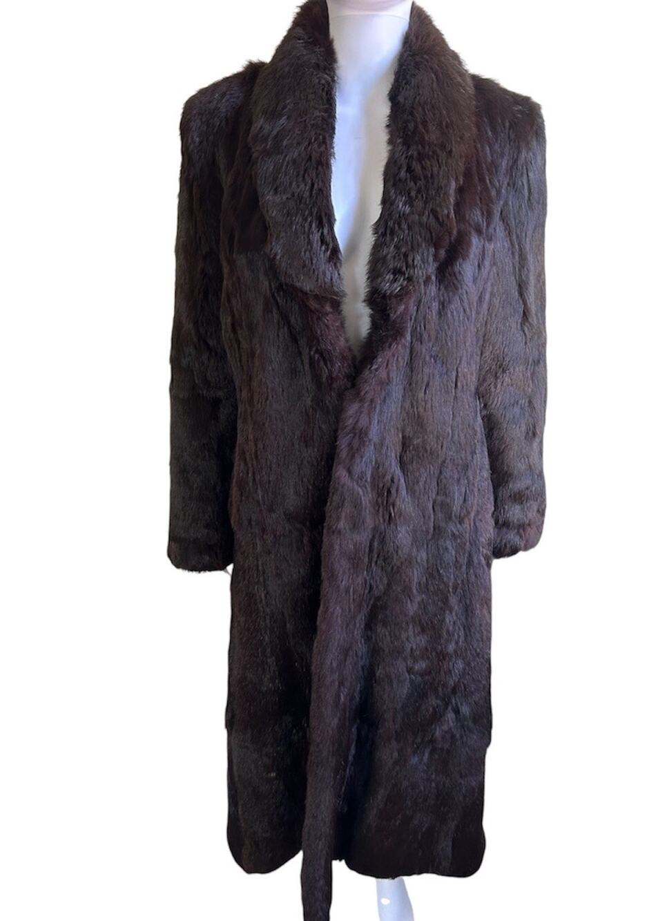 Vintage Genuine Fur Coat Full Length Maxi Brown Shawl Collar Womens S